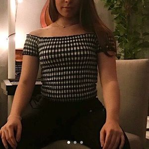 black and white checkered off the shoulder top